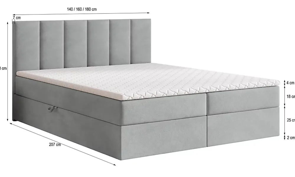 Masseno Lit Boxspring MERIL 160X200 CM KRONOS 15, Gris, Lit avec matelas et rangement* Ensemble Sommier Et Matelas