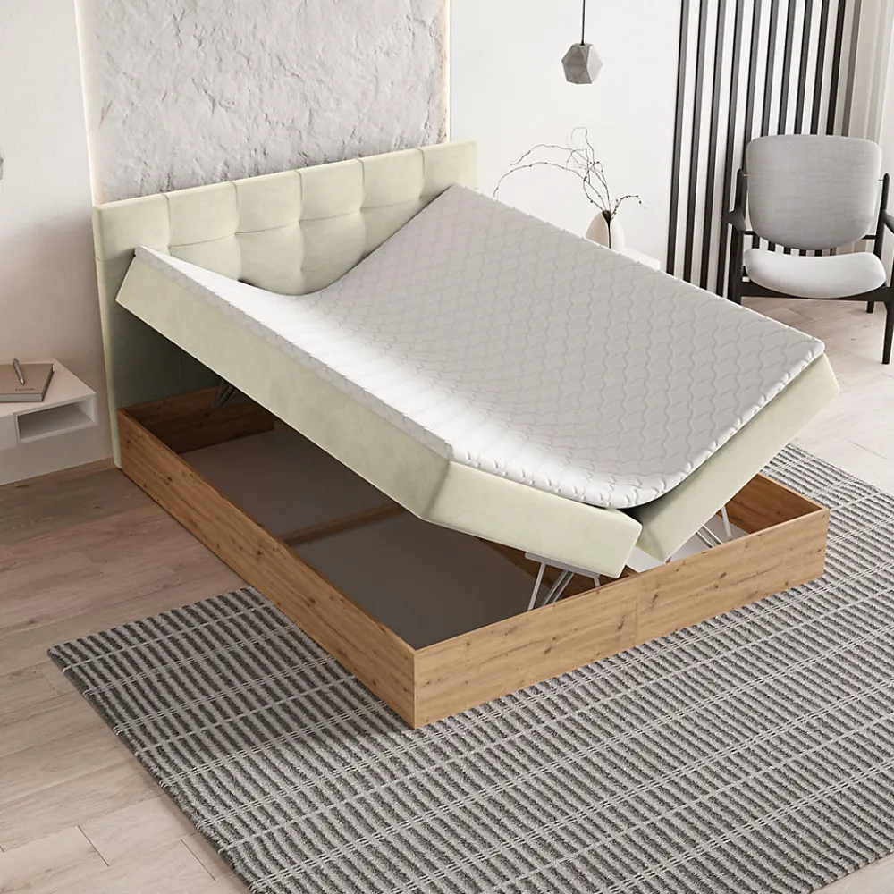 Masseno Lit Boxspring MOLVEN 140X200 CM SORO 02, Crème, Lit avec matelas et rangement* Ensemble Sommier Et Matelas