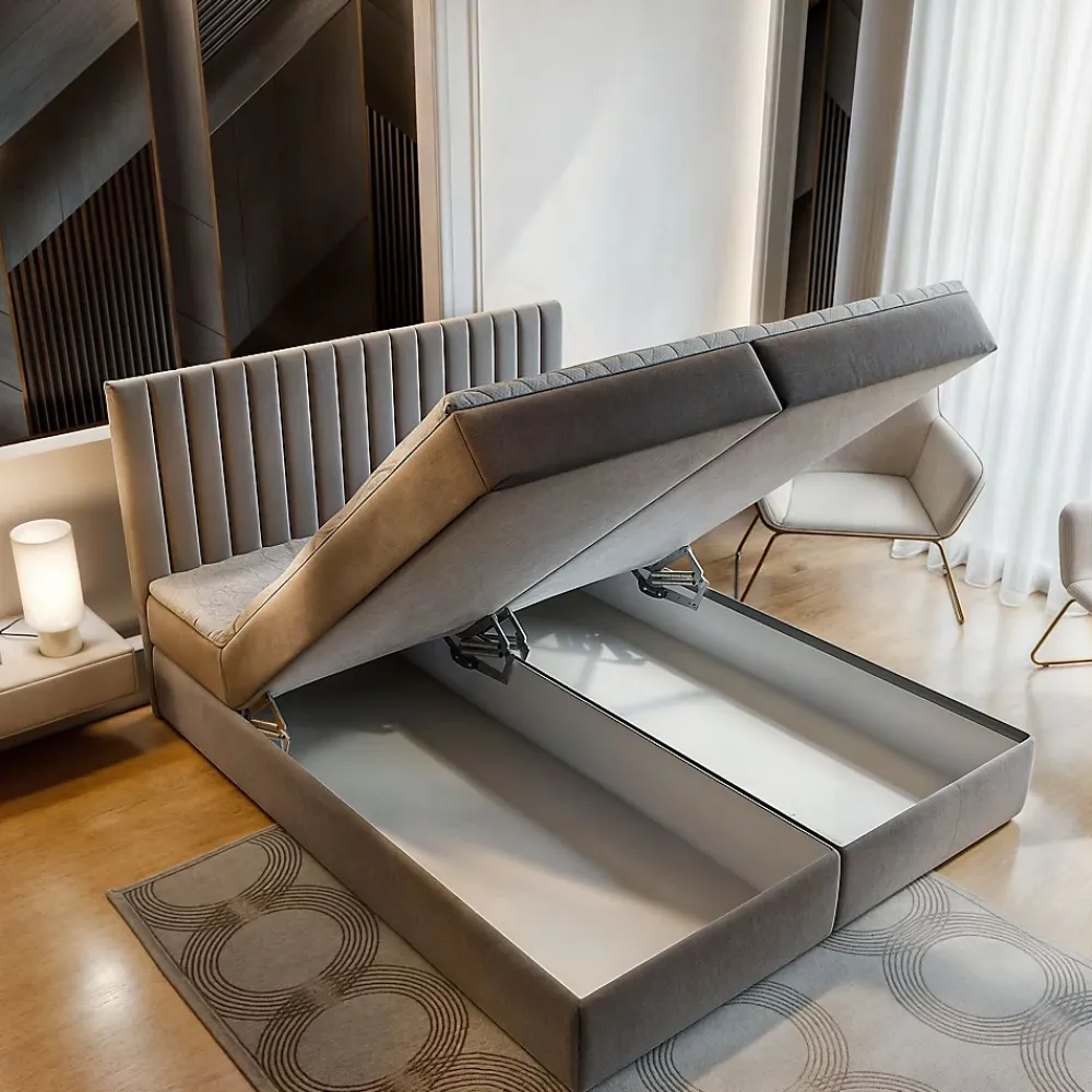 Masseno Lit Boxspring MURLO 140X200 CM PAROS 06, Gris, Lit avec matelas et rangement* Ensemble Sommier Et Matelas