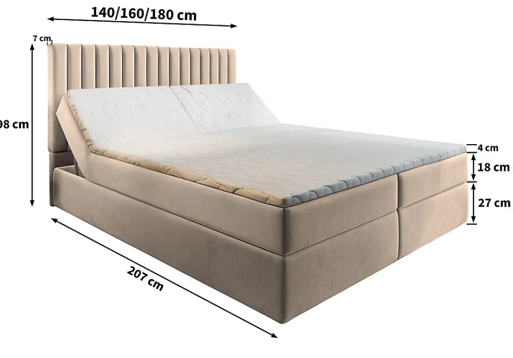 Masseno Lit Boxspring MURLO 140X200 CM PAROS 06, Gris, Lit avec matelas et rangement* Ensemble Sommier Et Matelas