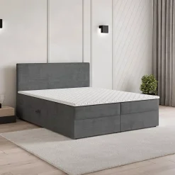 Masseno Lit Boxspring NIRA 180X200 CM ROMA 24, Gris, Lit avec matelas et rangement* Ensemble Sommier Et Matelas