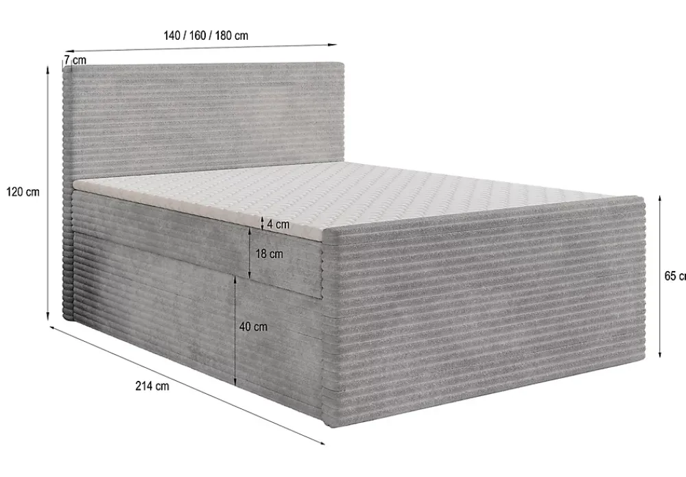 Masseno Lit Boxspring NOLEN 180X200 CM TILIA 83, Gris clair, Lit avec matelas et rangement* Ensemble Sommier Et Matelas