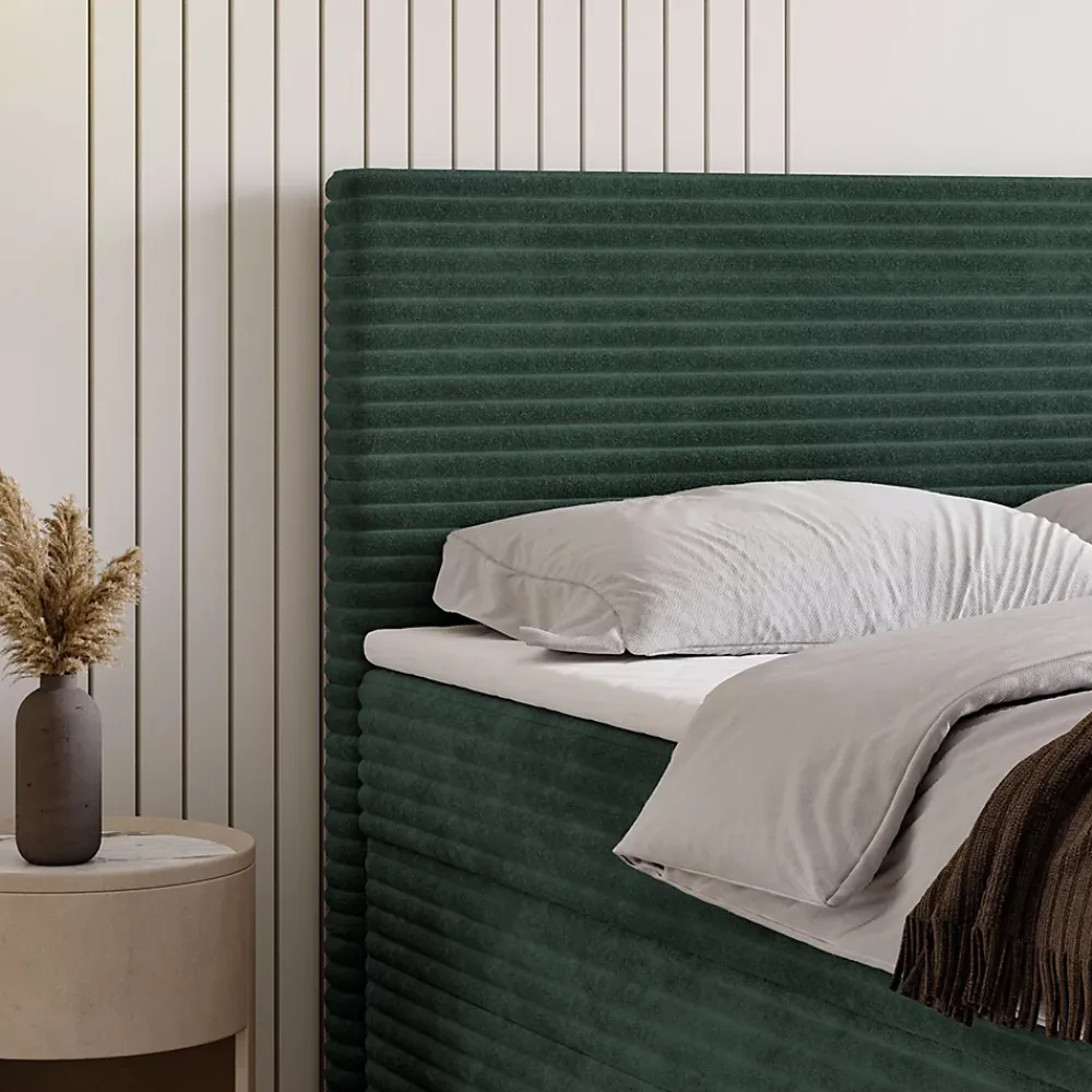 Masseno Lit Boxspring NOLEN 140X200 CM TILIA 39, Vert foncé, Lit avec matelas et rangement* Ensemble Sommier Et Matelas