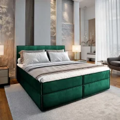 Masseno Lit Boxspring PELLIO 160X200 CM MONOLITH 37, Vert foncé, Lit avec matelas et rangement* Ensemble Sommier Et Matelas