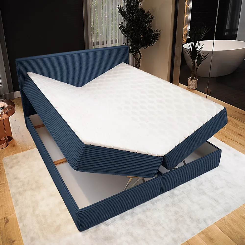 Masseno Lit Boxspring PELLIO 160X200 CM POSO 05, Bleu, Lit avec matelas et rangement* Ensemble Sommier Et Matelas