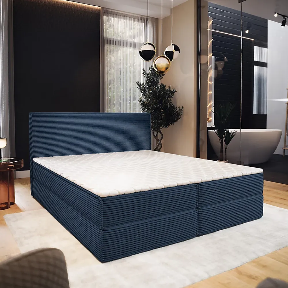 Masseno Lit Boxspring PELLIO 160X200 CM POSO 05, Bleu, Lit avec matelas et rangement* Ensemble Sommier Et Matelas