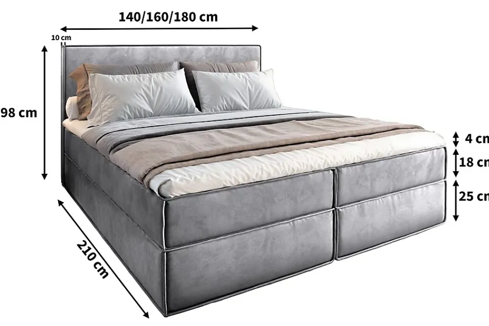 Masseno Lit Boxspring PELLIO 160X200 CM MONOLITH 62, Lilas, Lit avec matelas et rangement* Ensemble Sommier Et Matelas