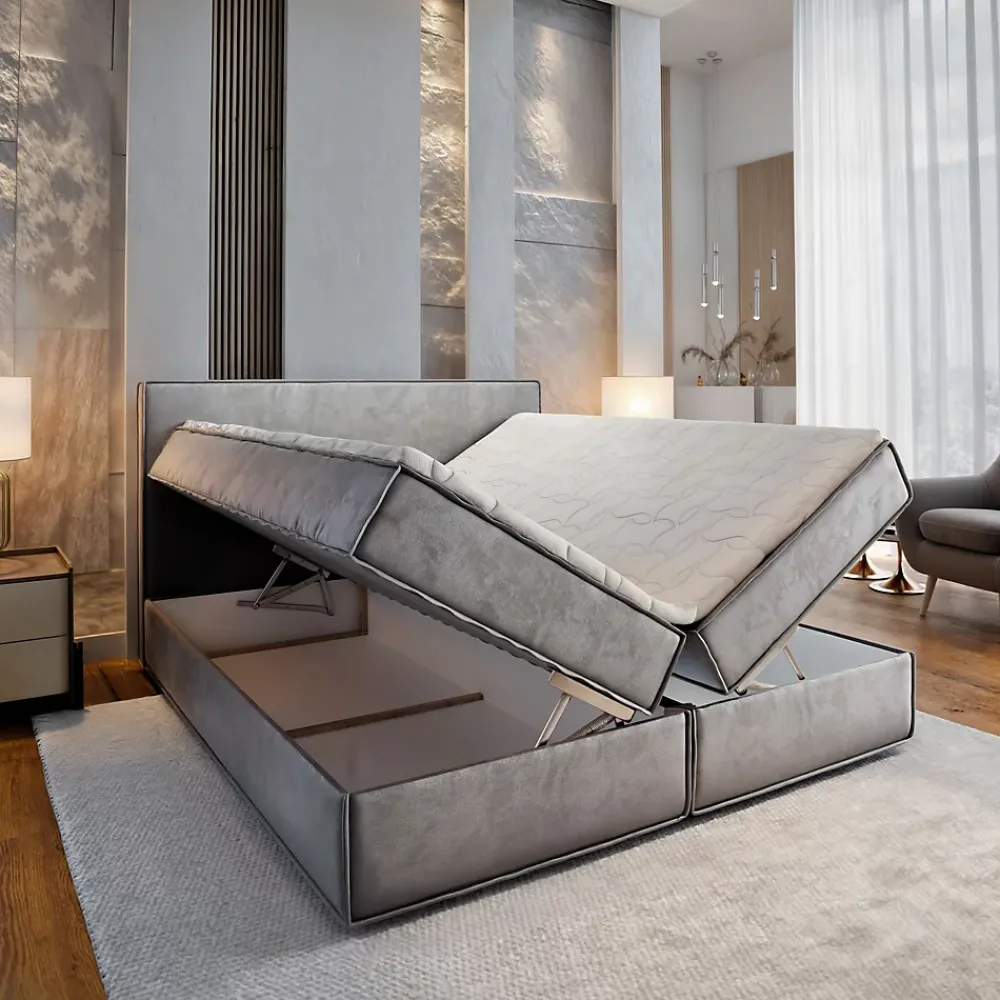 Masseno Lit Boxspring PELLIO 160X200 CM MONOLITH 62, Lilas, Lit avec matelas et rangement* Ensemble Sommier Et Matelas