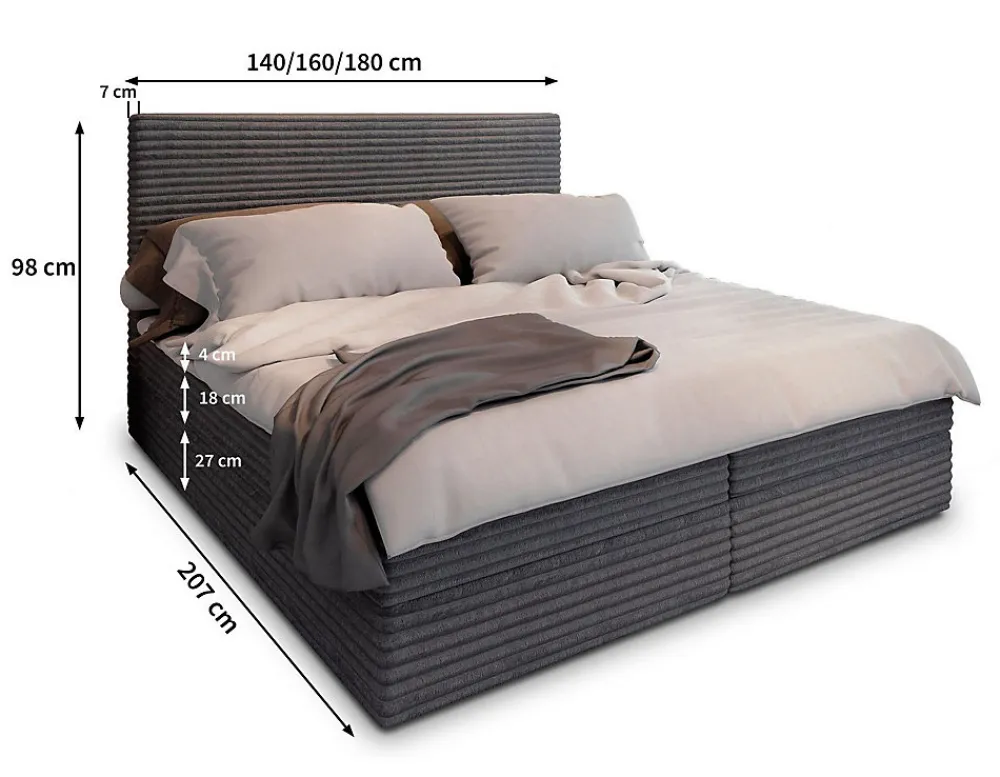 Lit Boxspring PISA 180X200 CM TILIA 90, Graphite, Lit avec matelas et rangement>Masseno Best