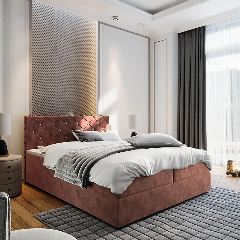 Masseno Lit Boxspring RIVA 180X200 CM MAGIC VELVET 2258, Rose, Lit avec matelas et rangement* Ensemble Sommier Et Matelas