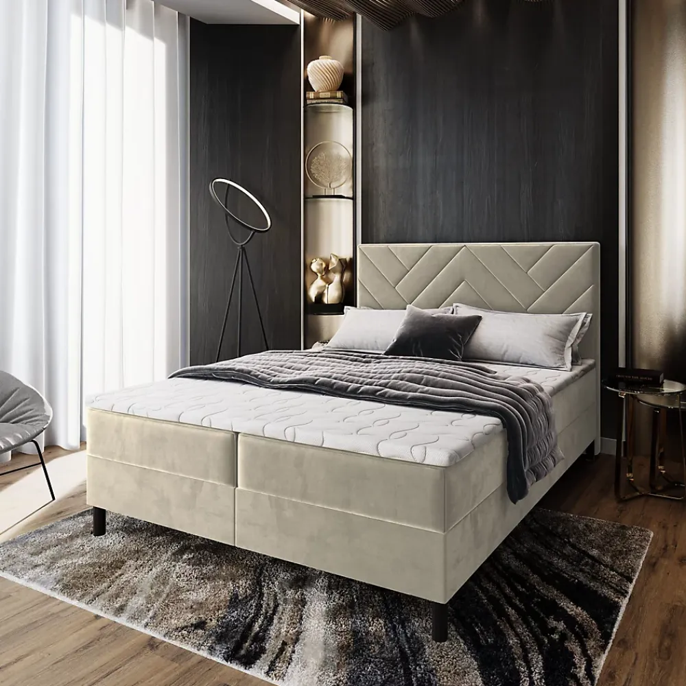 Masseno Lit Boxspring ROKIS 160X200 CM MONOLITH 04, Crème, Lit avec matelas et rangement* Ensemble Sommier Et Matelas