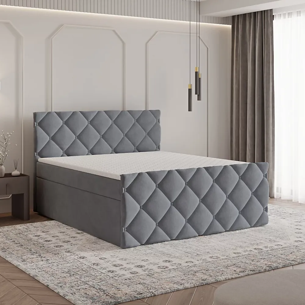 Masseno Lit Boxspring ROVARI 160X200 CM KRONOS 15, Gris, Lit avec matelas et rangement* Ensemble Sommier Et Matelas