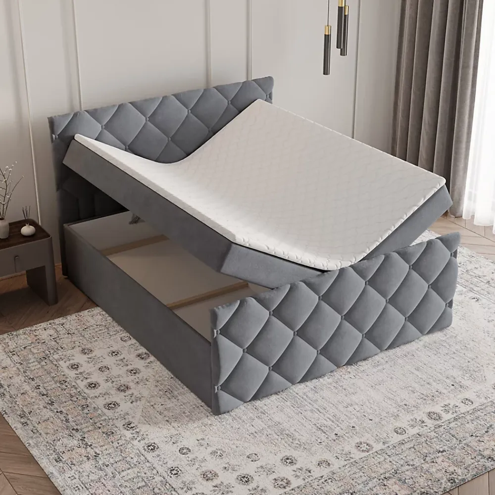 Masseno Lit Boxspring ROVARI 140X200 CM KRONOS 15, Gris, Lit avec matelas et rangement* Ensemble Sommier Et Matelas
