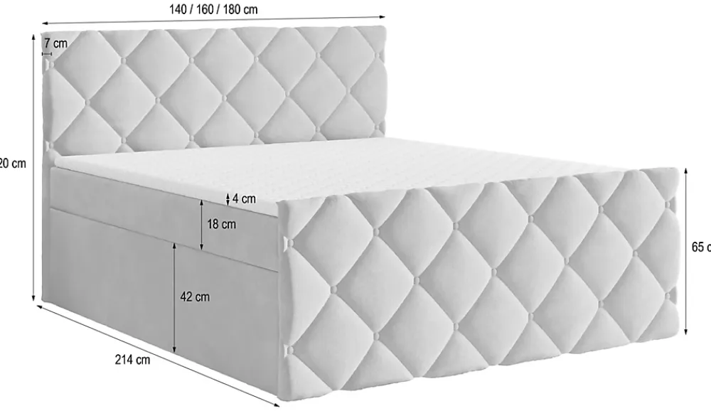 Masseno Lit Boxspring ROVARI 140X200 CM KRONOS 15, Gris, Lit avec matelas et rangement* Ensemble Sommier Et Matelas