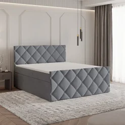 Masseno Lit Boxspring ROVARI 140X200 CM KRONOS 15, Gris, Lit avec matelas et rangement* Ensemble Sommier Et Matelas