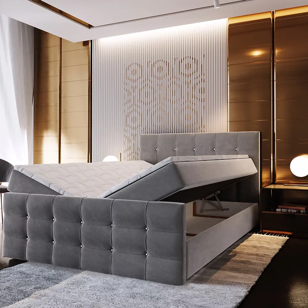 Masseno Lit Boxspring SLAT 180X200 CM COSMIC 10, Beige, Lit avec matelas et rangement* Ensemble Sommier Et Matelas