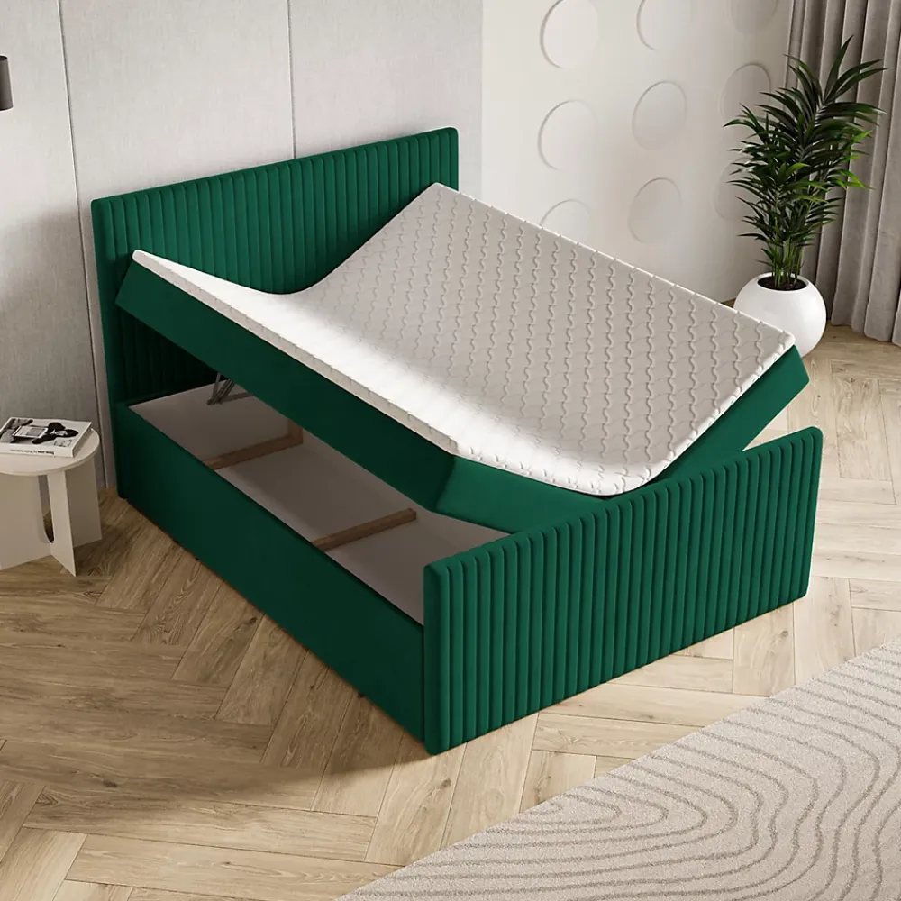 Masseno Lit Boxspring TERVAN 140X200 CM KRONOS 19, Vert foncé, Lit avec matelas et rangement* Ensemble Sommier Et Matelas