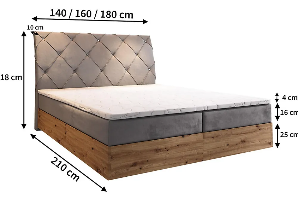 Lit Boxspring VELLANO 140X200 CM PAROS 05, Gris clair, Lit avec matelas et rangement>Masseno Best