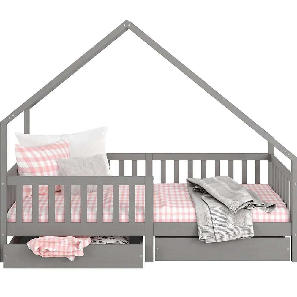 Idimex Lit cabane asymétrique ALVA avec tiroirs, 90 x 200 cm en pin massif lasuré gris*Enfant Lit Enfant