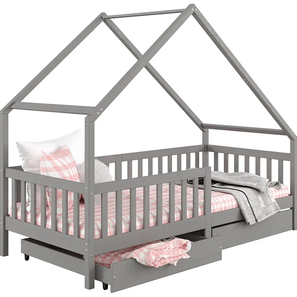 Idimex Lit cabane asymétrique ALVA avec tiroirs, 90 x 200 cm en pin massif lasuré gris*Enfant Lit Enfant