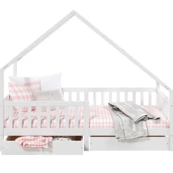 Lit cabane asymétrique ALVA avec tiroirs, 90 x 200 cm en pin massif lasuré blanc><noscript><img width=