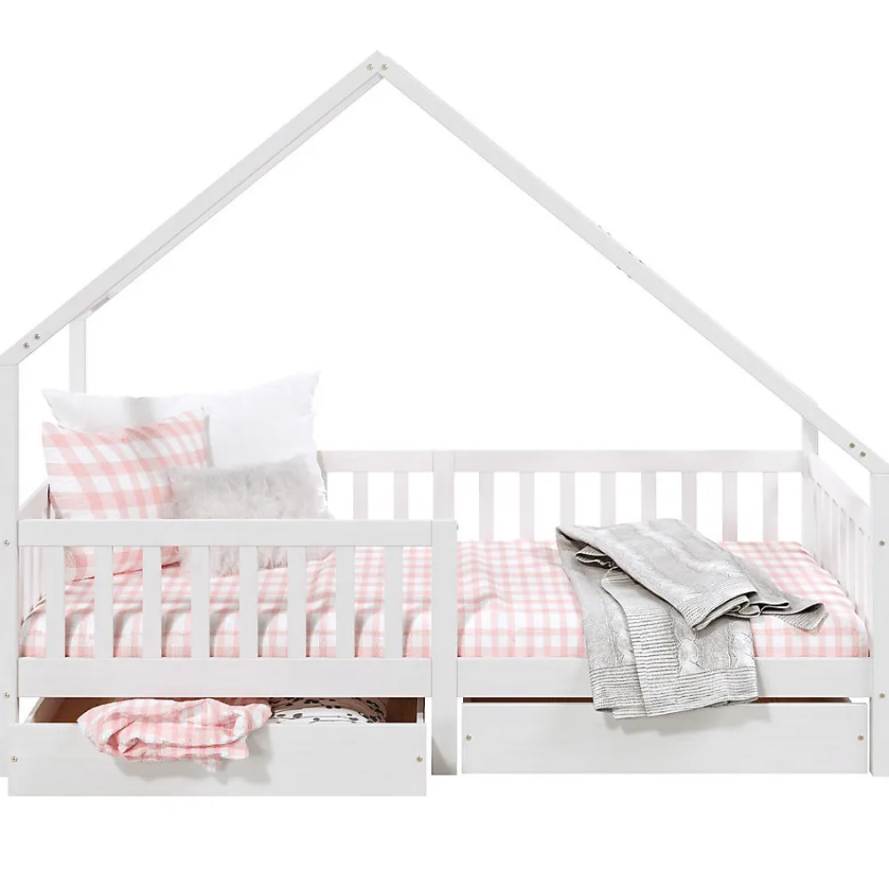 Lit cabane asymétrique ALVA avec tiroirs, 90 x 200 cm en pin massif lasuré blanc>Idimex