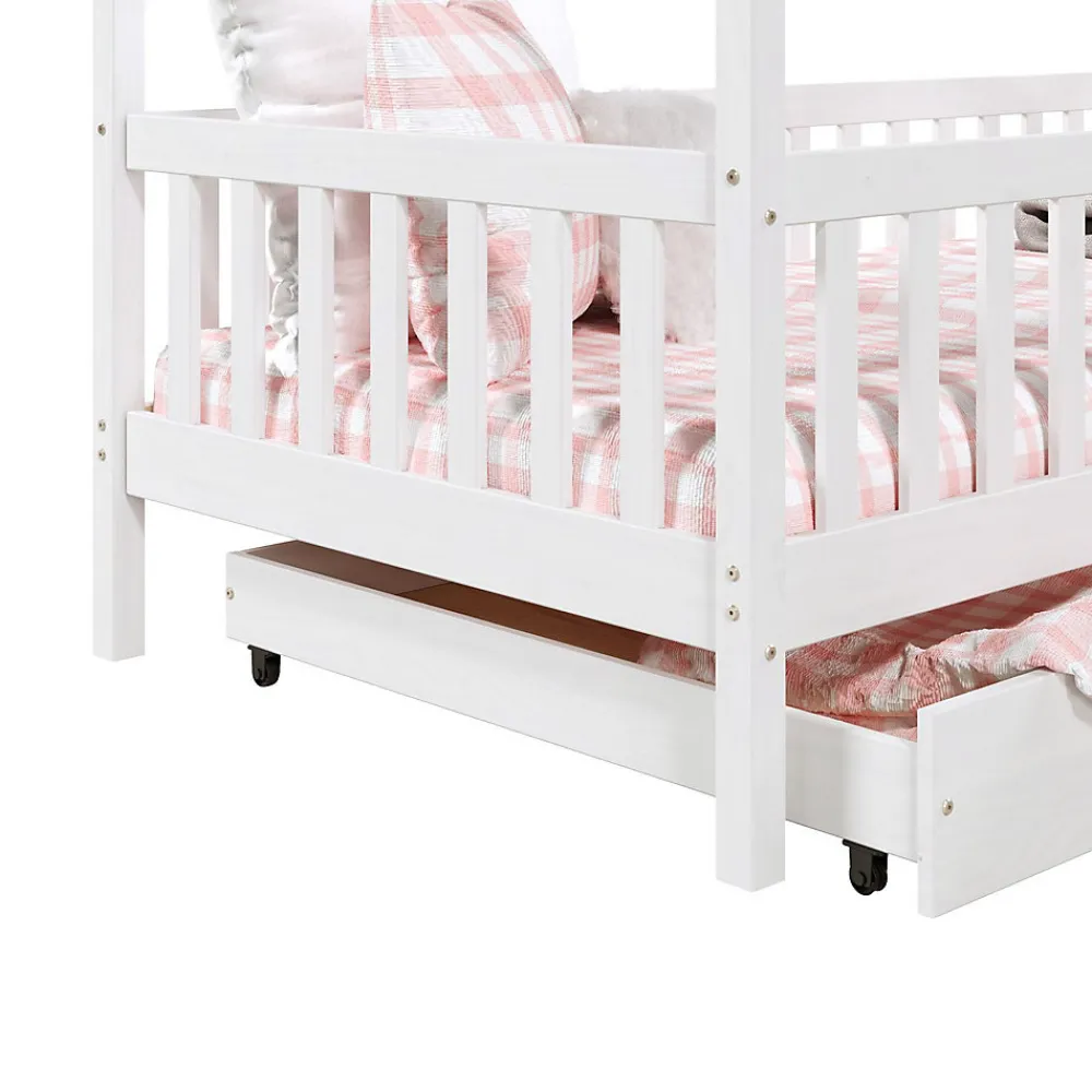 Lit cabane asymétrique ALVA avec tiroirs, 90 x 200 cm en pin massif lasuré blanc>Idimex