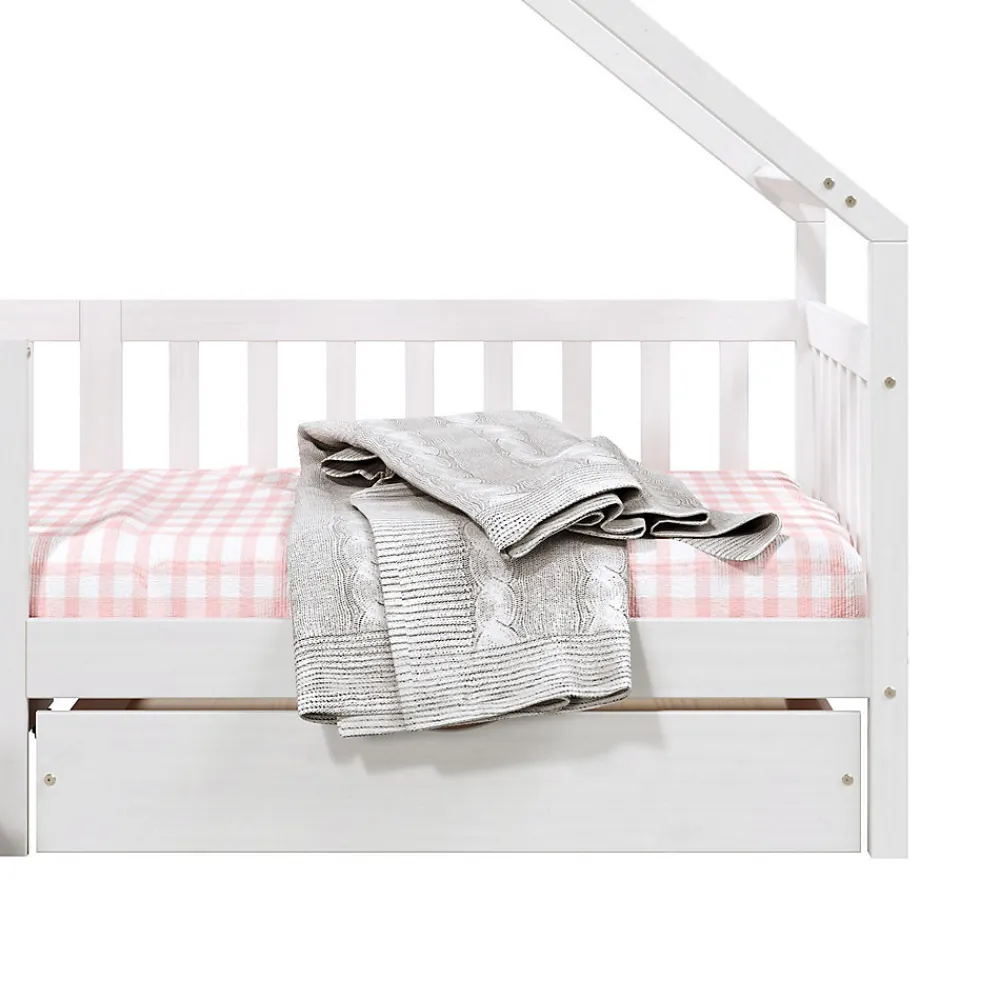 Lit cabane asymétrique ALVA avec tiroirs, 90 x 200 cm en pin massif lasuré blanc>Idimex