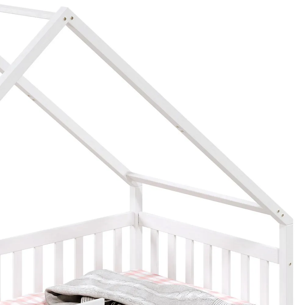Lit cabane asymétrique ALVA avec tiroirs, 90 x 200 cm en pin massif lasuré blanc>Idimex