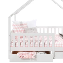 Lit cabane asymétrique ALVA avec tiroirs, 90 x 200 cm en pin massif lasuré blanc><noscript><img width=