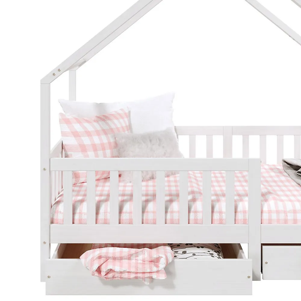 Lit cabane asymétrique ALVA avec tiroirs, 90 x 200 cm en pin massif lasuré blanc>Idimex