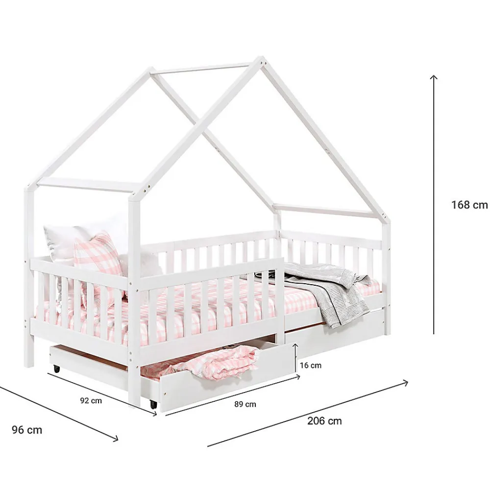 Lit cabane asymétrique ALVA avec tiroirs, 90 x 200 cm en pin massif lasuré blanc>Idimex