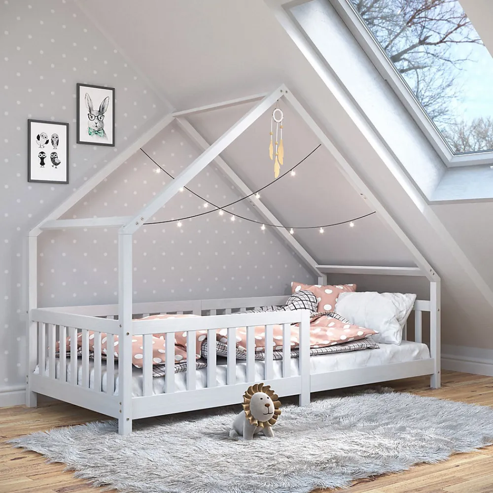 Idimex Lit cabane asymétrique CORA 90 x 190 cm en pin massif lasuré blanc*Enfant Lit Enfant