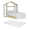 Lit cabane 90 x 190 cm - Coloris : Blanc et naturel + Matelas - JERACO>Vente-unique Best