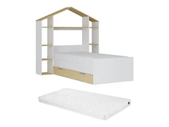 Lit cabane 90 x 190 cm - Coloris : Blanc et naturel + Matelas - JERACO>Vente-unique Best