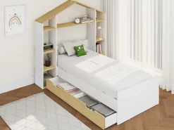 Lit cabane 90 x 190 cm - Coloris : Blanc et naturel + Matelas - JERACO><noscript><img width=