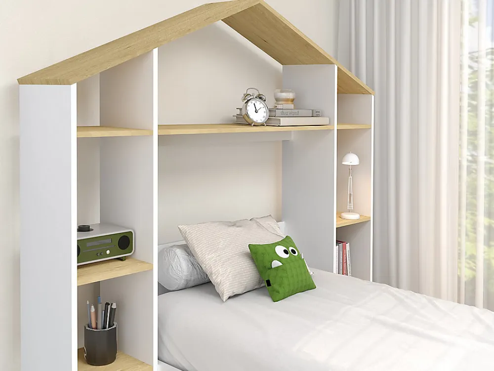 Lit cabane 90 x 190 cm - Coloris : Blanc et naturel + Matelas - JERACO>Vente-unique Best