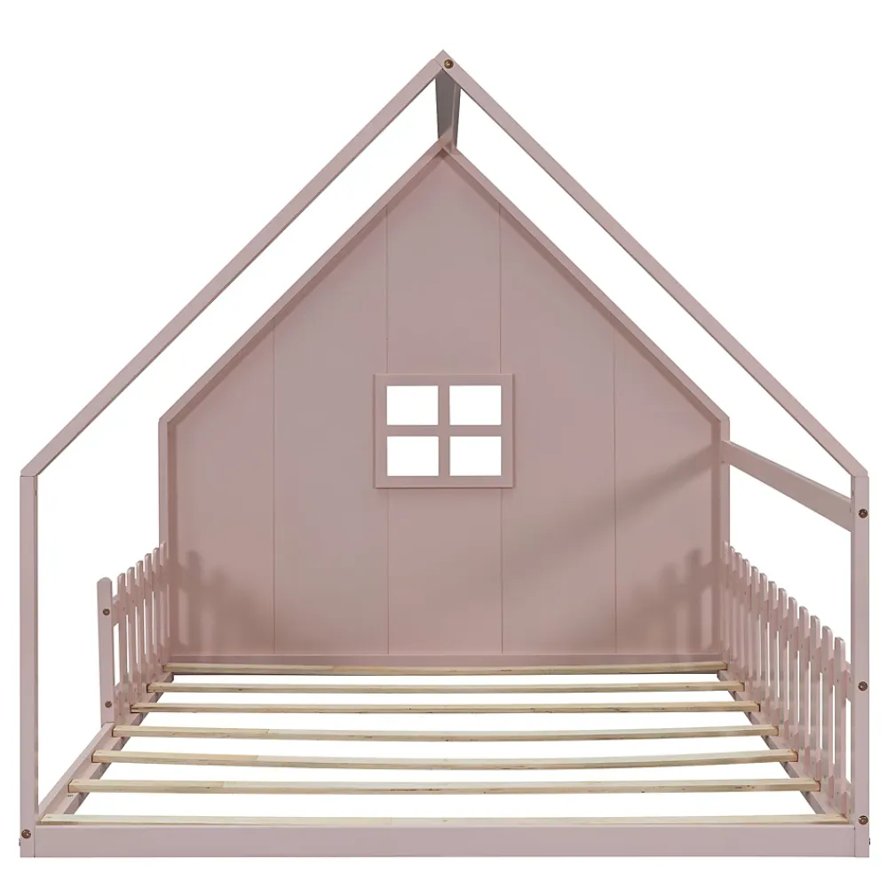 Okwish Lit cabane 140 x 200 cm - Lit double enfant avec barrières - Pin + MDF - Sans matelas - Rose*Enfant Lit Enfant