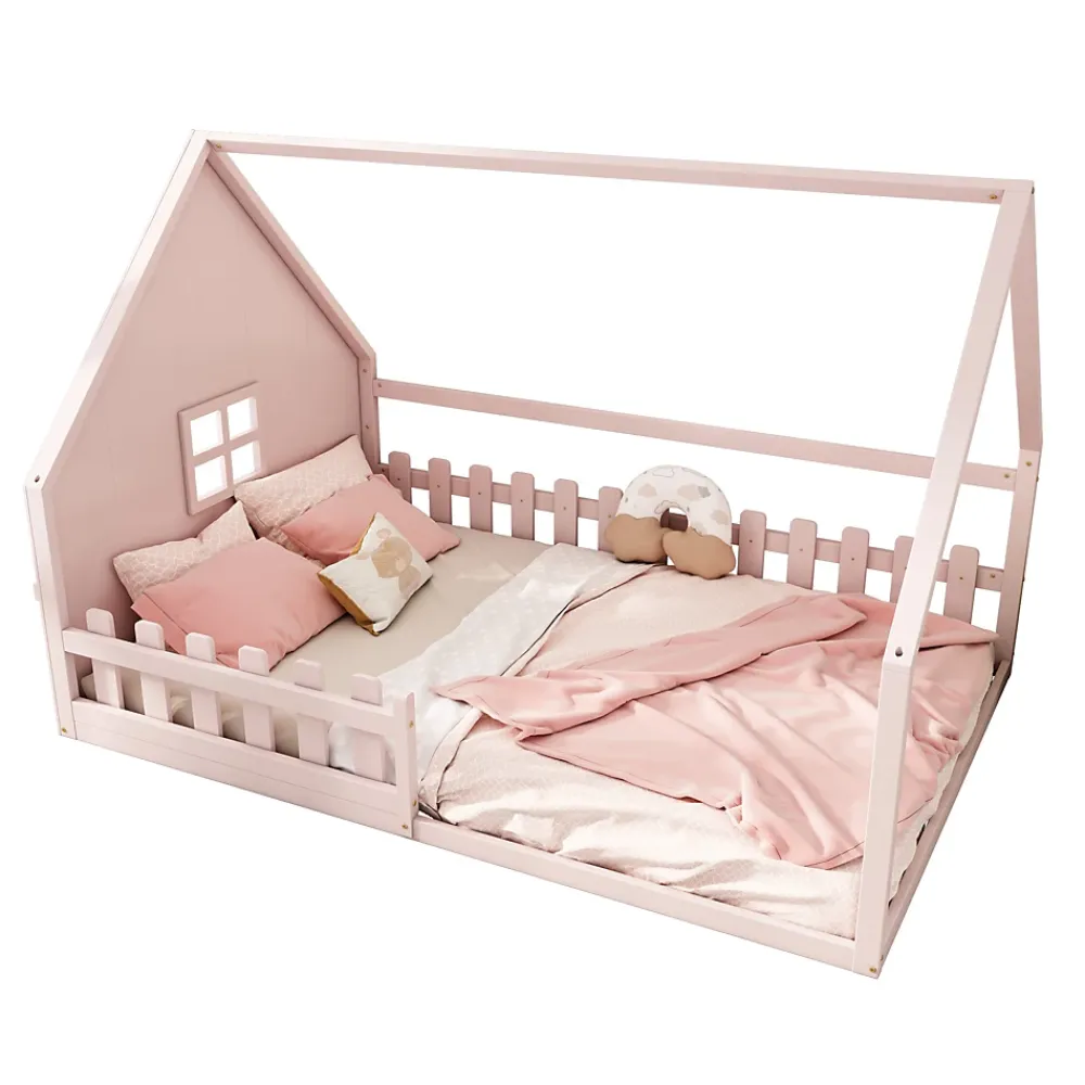 Okwish Lit cabane 140 x 200 cm - Lit double enfant avec barrières - Pin + MDF - Sans matelas - Rose*Enfant Lit Enfant