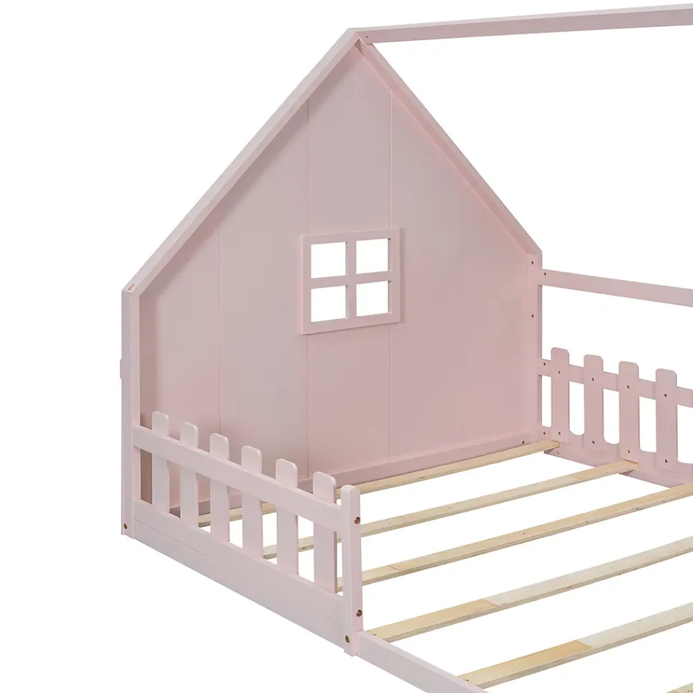 Okwish Lit cabane 140 x 200 cm - Lit double enfant avec barrières - Pin + MDF - Sans matelas - Rose*Enfant Lit Enfant