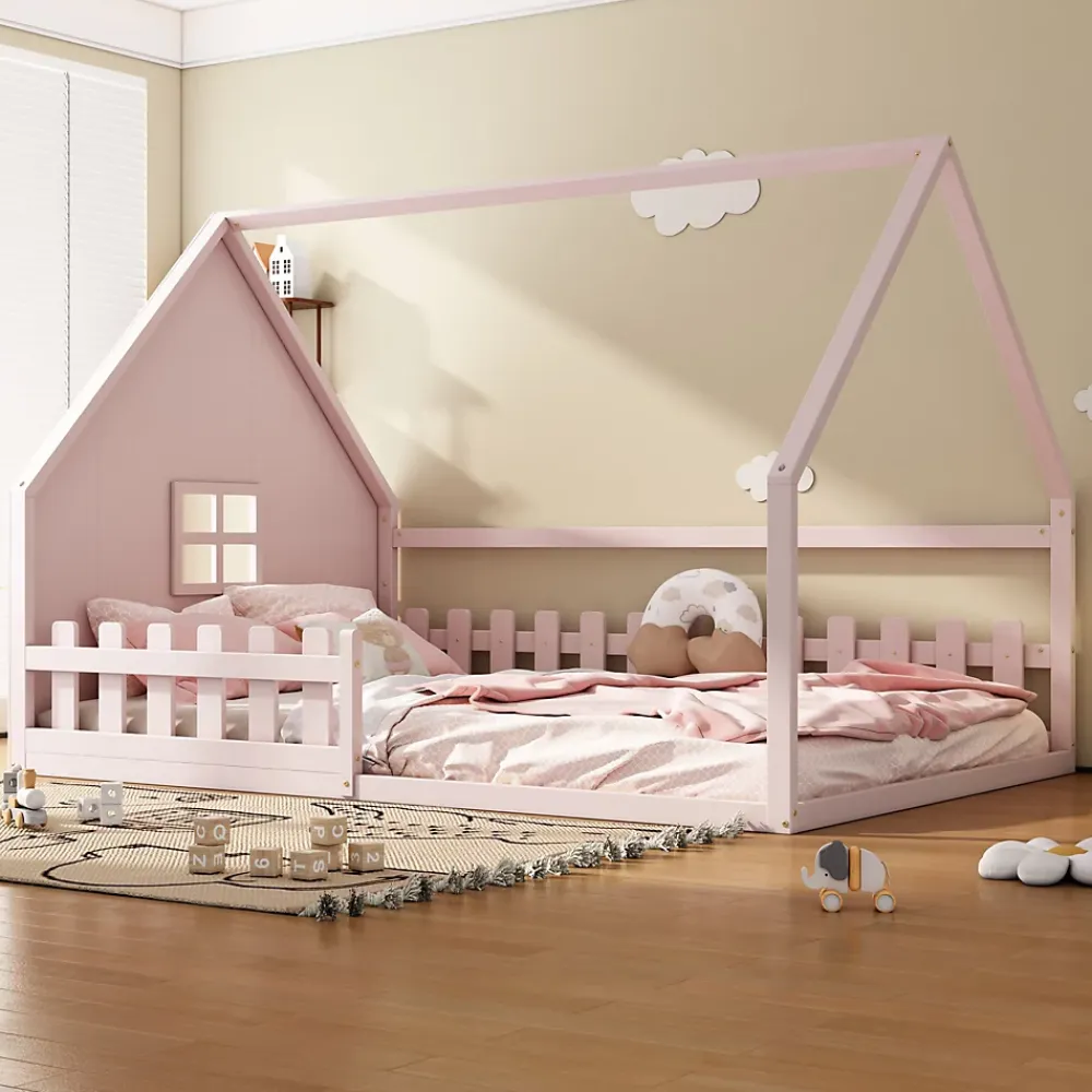 Okwish Lit cabane 140 x 200 cm - Lit double enfant avec barrières - Pin + MDF - Sans matelas - Rose*Enfant Lit Enfant