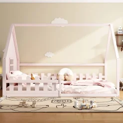 Okwish Lit cabane 140 x 200 cm - Lit double enfant avec barrières - Pin + MDF - Sans matelas - Rose*Enfant Lit Enfant