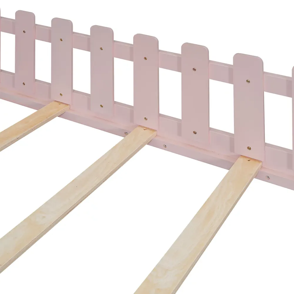 Okwish Lit cabane 140 x 200 cm - Lit double enfant avec barrières - Pin + MDF - Sans matelas - Rose*Enfant Lit Enfant