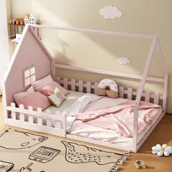 Okwish Lit cabane 140 x 200 cm - Lit double enfant avec barrières - Pin + MDF - Sans matelas - Rose*Enfant Lit Enfant
