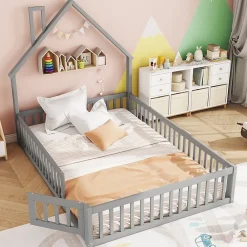 Okwish Lit Cabane 140 x 200 cm - Lit enfant Forme Cheminée - Pin + MDF - Sans Matelas - Gris*Enfant Lit Enfant