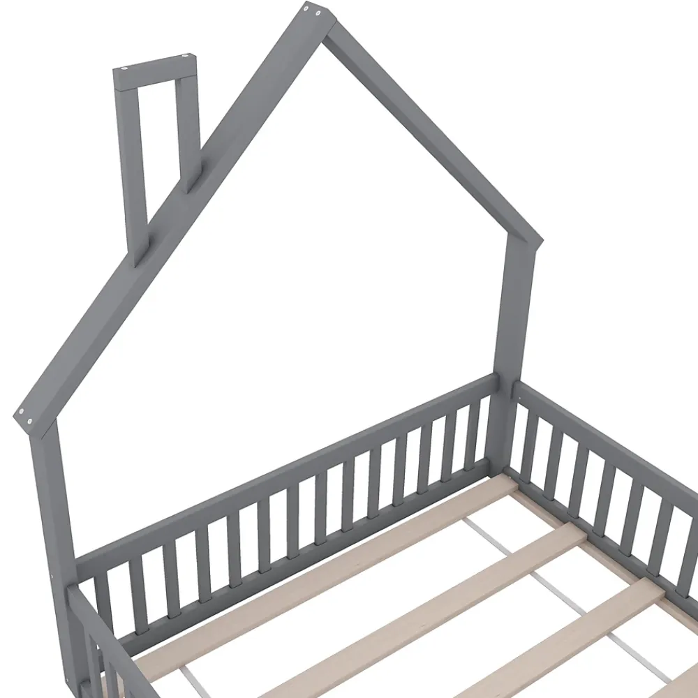Okwish Lit Cabane 140 x 200 cm - Lit enfant Forme Cheminée - Pin + MDF - Sans Matelas - Gris*Enfant Lit Enfant