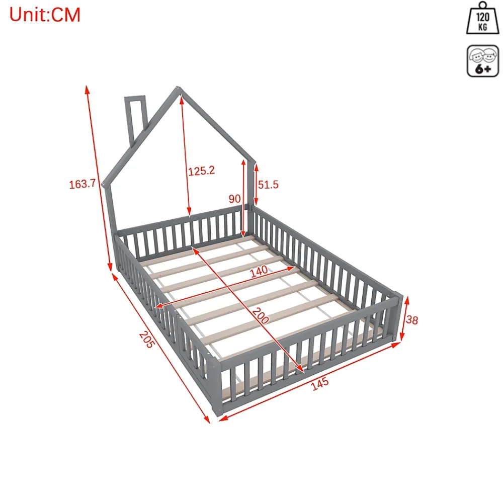 Okwish Lit Cabane 140 x 200 cm - Lit enfant Forme Cheminée - Pin + MDF - Sans Matelas - Gris*Enfant Lit Enfant
