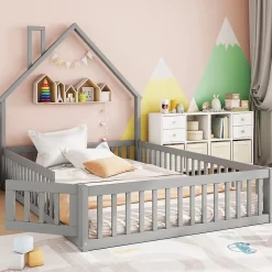 Okwish Lit Cabane 140 x 200 cm - Lit enfant Forme Cheminée - Pin + MDF - Sans Matelas - Gris*Enfant Lit Enfant