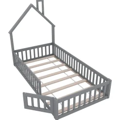 Okwish Lit Cabane 90 x 200 cm - Lit enfant Forme Cheminée - Pin + MDF - Sans Matelas - Gris*Enfant Lit Enfant