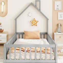 Okwish Lit Cabane 90 x 200 cm - Lit enfant Forme Cheminée - Pin + MDF - Sans Matelas - Gris*Enfant Lit Enfant